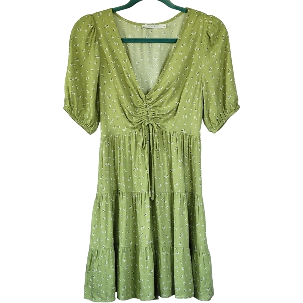 Lush Celery Green Ditsy Floral Babydoll Mini Dress S Cottagecore Fairy Grunge